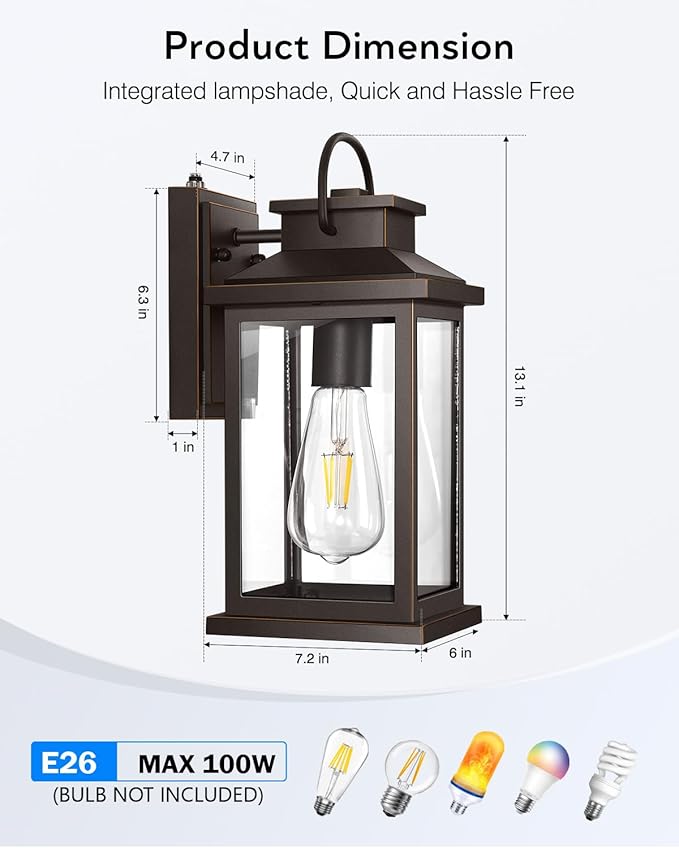 VIANIS Outdoor Porch Lights for House Farmhouse Oil Rubbed Bronze Gold Trim Exterior Light Fixtures Wall Mount Sconce Anti-Rust Dusk to Dawn Outdoor Lighting Lantern for Garage Front Patio 2-Pack