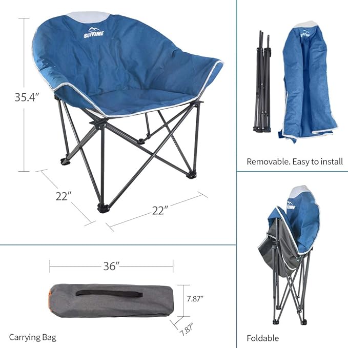 OUTDOOR LIVING SUNTIME Oversized Padded Camping ChairPortable Comfy Outdoor Folding Moon Round Saucer Chairs for Adults with Holder and Carry Bag Perfect for Hiking Lawn Patio Sports（Blue 2 Pack）