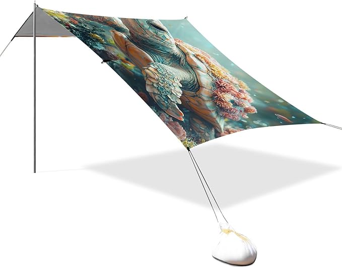 ALAZA Turtle Coral in Sea Beach Tent Sun Shelter UPF50+ Protection Beach Shade Canopy w/ 4 Sandbags for Outdoor Camping Fishing Backyard Fun Picnic 10x9 ft