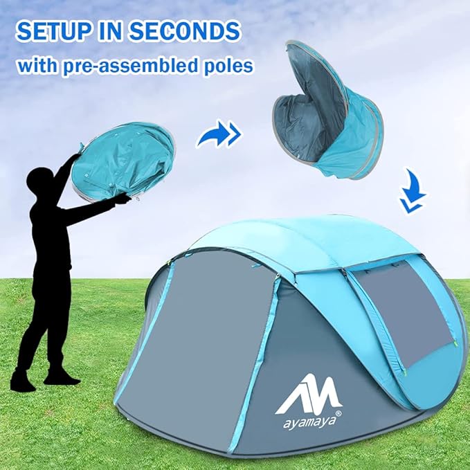 4 Person Pop Up Tents for Camping - AYAMAYA Waterproof Instant Family Tents with Skylight &amp Removable Rainfly Upgraded Large Size with 2 Doors -Automatic Easy Setup Beach Tent with Poles