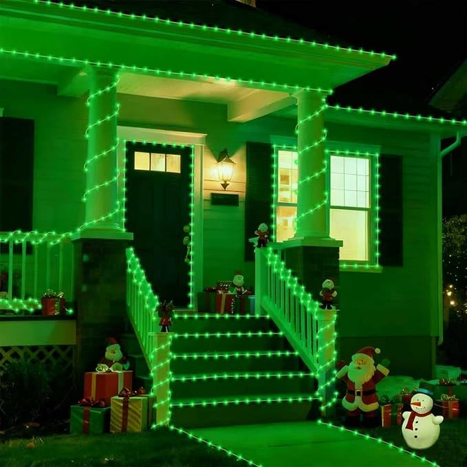 YEGUO Solar Christmas Light Outdoor Waterproof 66ft 200 LED Green Rope Lights 8 Modes Tube String Lights in Clear Thin Tube