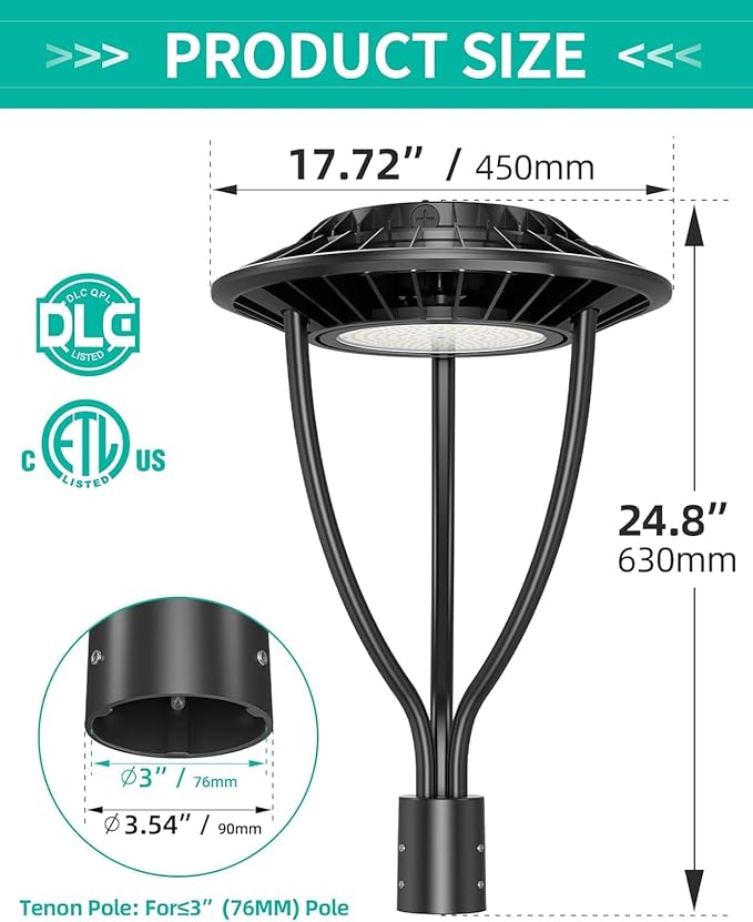2 Pack LED Post Top Light ETL DLC Listed 150W 120W 90W Adjustable Outdoor Pole Lights with Photocell IP65 Waterproof Post LED Fixture 5000K for Garden Yard Street Lighting