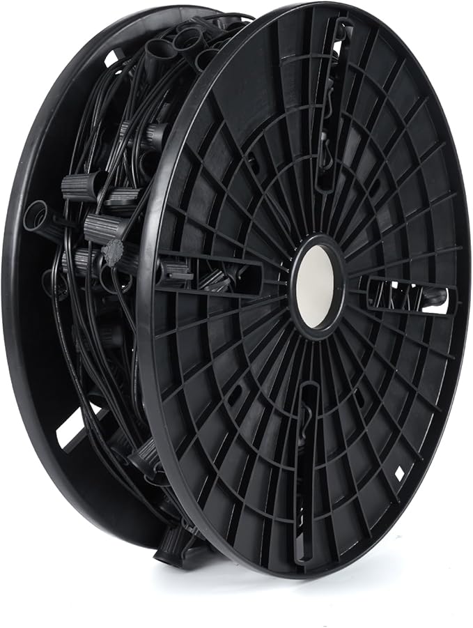 Brightown Commercial 250 FT C9/E17 Christmas Stringer Bulk Reel C9 Light Sockets Set Spool with 12 Spacing UL Listed Christmas Roof Lights Cord SPT-1 8-Awg Black