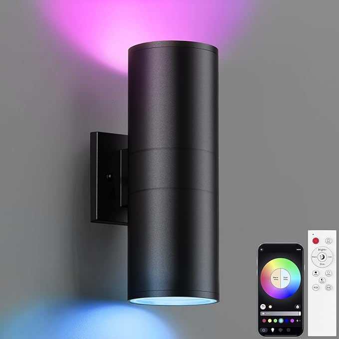 SHIMR Modern Outdoor Wall Lights Color Changing RGBCW Smart Outdoor Lights Ambiance Sconce with Remote Control Black Aluminum Exterior Lighting Fixtures Up and Down Lights [ETL Listed]