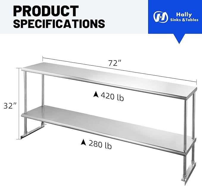 Hally Double Overshelf of Stainless Steel 12'' x 72'' Weight Capacity 420lb Commercial 2 Tier Shelf for Prep &amp Work Table in Restaurant Home or Kitchen