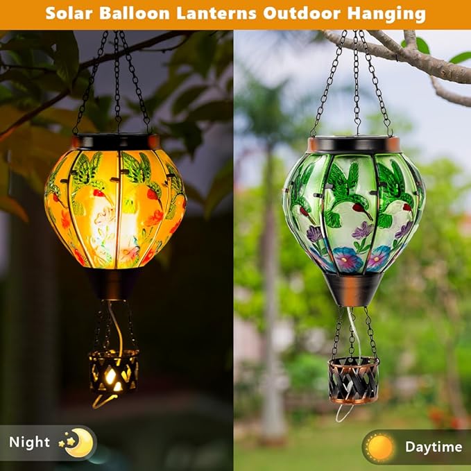 Starsoul Hummingbird Hot Air Balloon Solar Lantern with Candle Holder Glass Outdoor Solar Hot Air Balloon Flickering Flame for Lawn Porch Yard Decorations Gifts for Women Mom Grandma