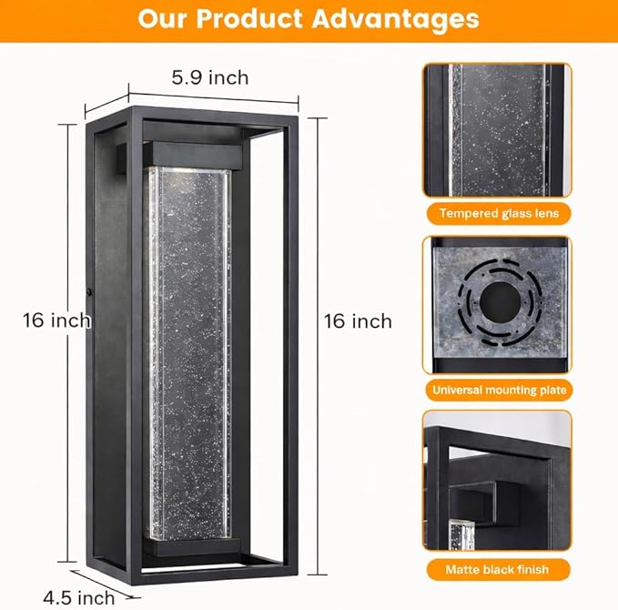 16 Inch Modern Outdoor Wall Sconce Matte Black Waterproof Exterior Wall Light with Metal Frame and Crystal Bubble Glass LED 3000K Warm White Lantern for Porch Garage Patio Lighting (2 Pack)
