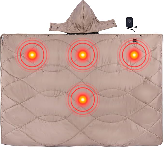 iClimb Heated Camping Blanket with Hood and 5V 5000mAH Battery Pack (Khaki)