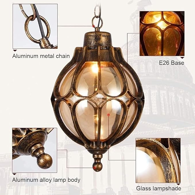 SLAWA Outdoor Pendant Lights for Porch Vintage Exterior Hanging Lantern with Spherical Glass Lampshade Bronze Aluminum Fixture for Gazebo Entry Yard