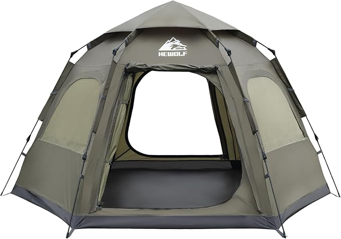 Hewolf 2/3/4 Person Camping Tent - Instant Pop Up Waterproof 2 Doors Tent with Easy Setup | 3-Season Hexagonal Dome Design for Family Hiking &amp Traveling