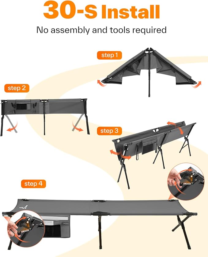 Sportneer Camping Cot 78.3x28.7x14.6 Sturdy 6-Leg Foldable Guest Bed for Adults with Storage Bag &amp Side Pocket Compact Portable Design 330 LBS Support