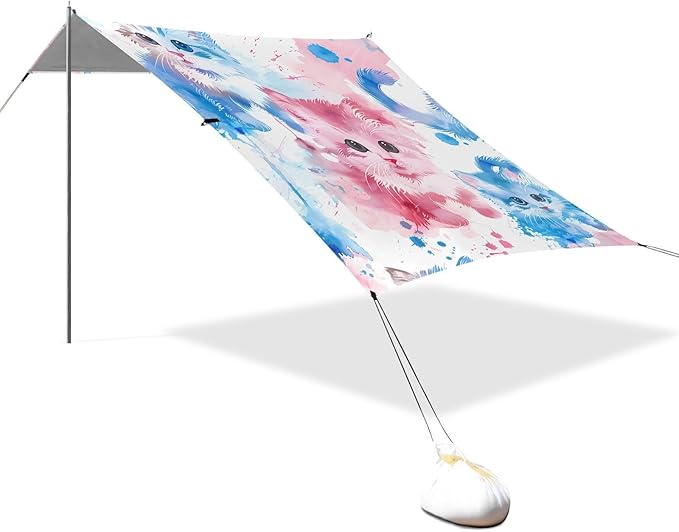 ALAZA Watercolor Cute Cat Kitten Beach Tent Sun Shelter UPF50+ Protection Beach Shade Canopy w/ 4 Sandbags for Outdoor Camping Fishing Backyard Fun Picnic 10x9 ft