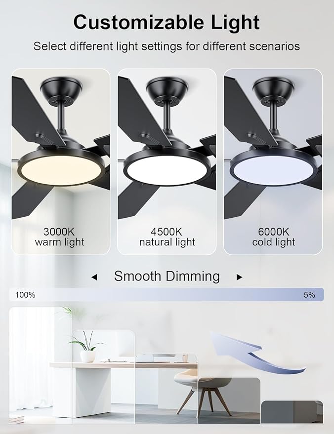 OJX Ceiling Fans with Lights 52 inch Ceiling fan with Light and Remote/APP Control 3CCT Quiet DC Reversible Dimmable Modern Ceiling Fan for Bedroom Living Room Kitchen Indoor/Outdoor Use