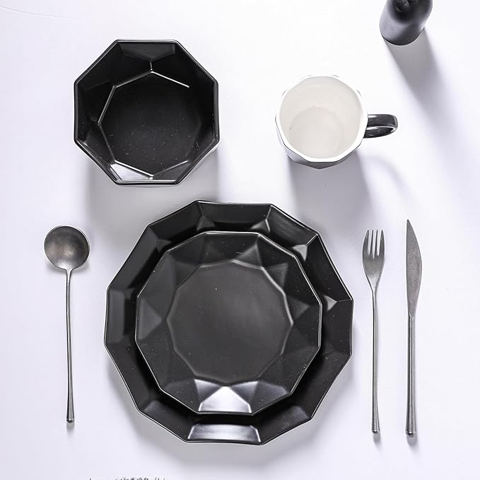 Stone + Lain Jamie Porcelain 16-Piece Geometric Dinnerware Set Black