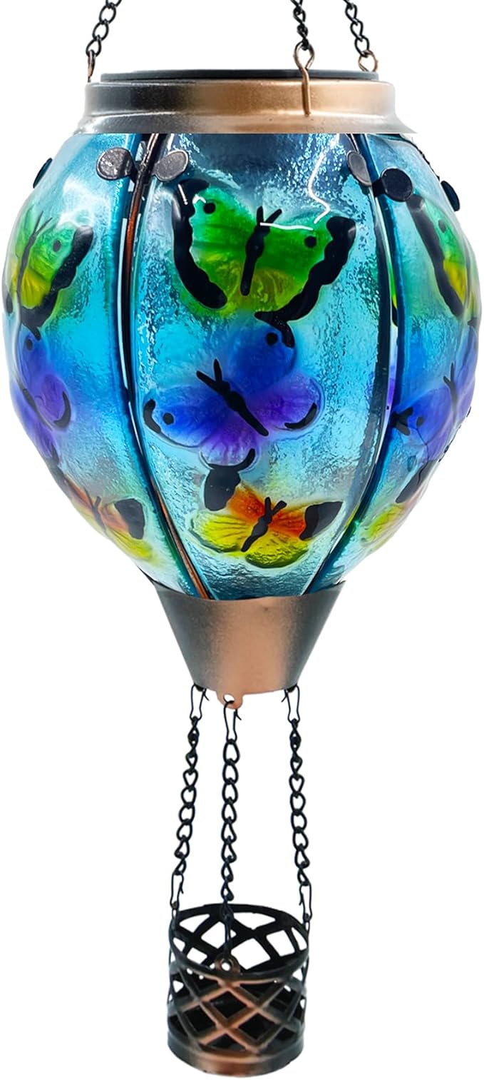 Glass Solar Hot Air Balloon Lantern with Flame Hanging Garden Flickering Light Outdoor Waterproof for Yard Patio Tree Mother's Day Gift Butterfly
