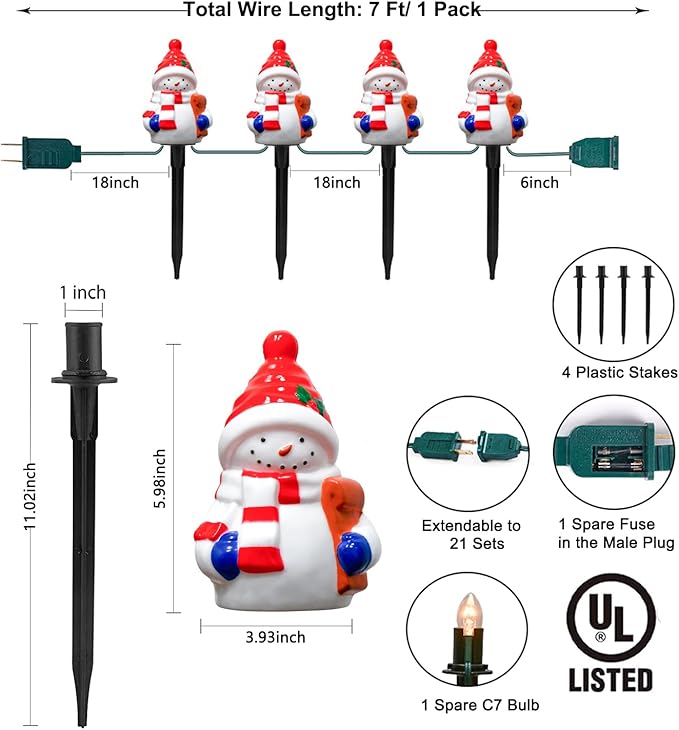 Christmas Snowman Pathway Stakes Lights 7Ft C7 Outdoor Landscape String Light with 4 Snowman Driveway Markers(E12 Base 5w) for Patio Yard Garden Lawn Decoration 1 Pack White