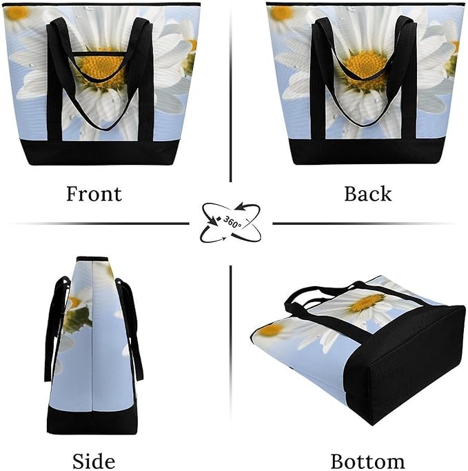 Insulated Shopping BagLarge Reusable Cooler Bags White Daisy Printed Foldable Shopping BagTravel Waterproof Shoulder Bag