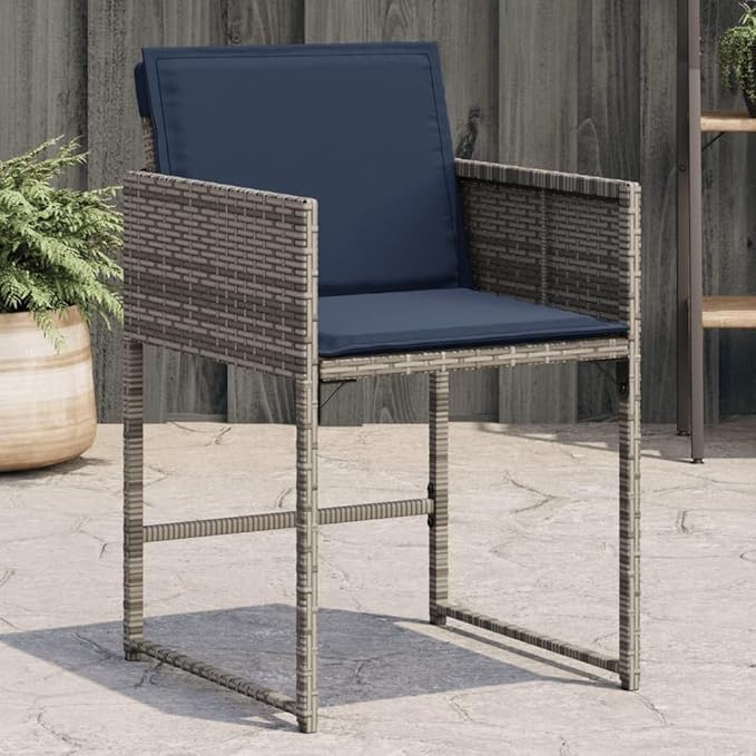 4-Piece Gray PE Rattan Patio Chairs Set with Navy Cushions Outdoor Furniture for Backyard Poolside Camping Foldable Steel Frame Lounge Chairs with Washable Covers