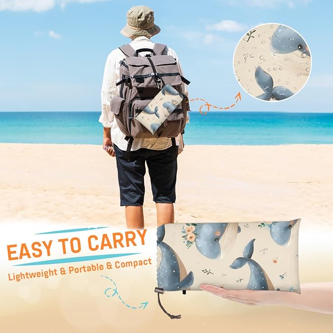 Waterproof Sandproof Beach Blanket 59''×68'' Ocean Whales Polyester Outdoor Picnic Blanket with 4 Stakes &amp Storage Bag for BeachCampingVacation Beige