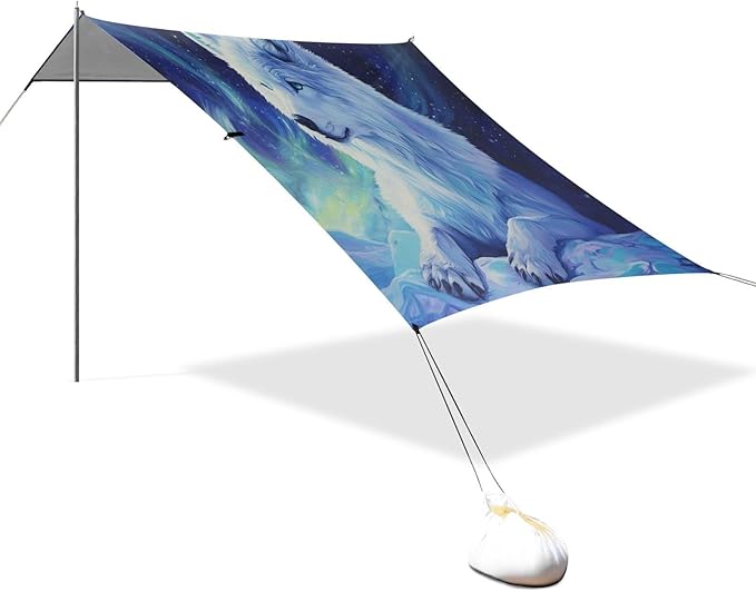 ALAZA Arctic Wolf Beach Tent Sun Shelter UPF50+ Protection Beach Shade Canopy w/ 4 Sandbags for Outdoor Camping Fishing Backyard Fun Picnic 10x9 ft