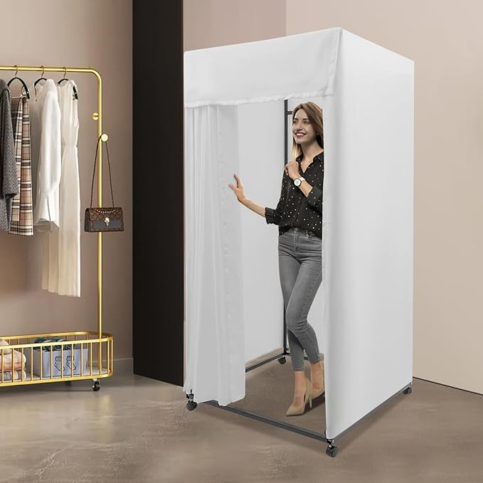 Clothing Store Fitting Room 39×39×78 inch Clothing Store Fitting Room with Shading Curtain Portable Temporary Mobile 95% Privacy Protection Dressing Room with Castors &amp Hanger (White)