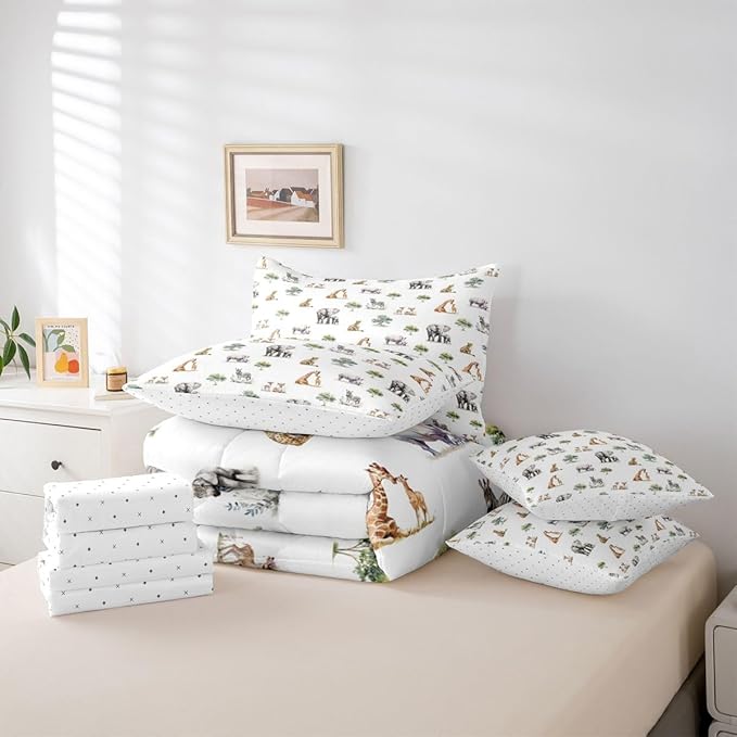 Cute Giraffe Zebra Elephant Comforter Set with SheetsPillowcases &amp Cushion Cover Zoo Animal 7 Piece Bedding Set for Boys Girls Room Decor Cartoon Animal Bed in a Bag King Size Wildlife Microfiber