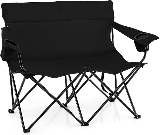 Tangkula 2 Person Camping Chair Outdoor Folding Camp Chair Loveseat with Cup Holders Armrests Carrying Bag Portable Heavy Duty Lawn Chair for Beach Picnic Fishing Travel (2-PersonBlack)