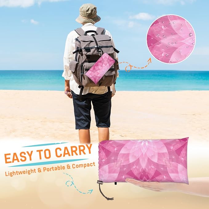 Waterproof Sandproof Beach Blanket 59''×68'' Floral Pattern Polyester Outdoor Picnic Blanket with 4 Stakes &amp Storage Bag for BeachCampingVacation Purplish-Pink
