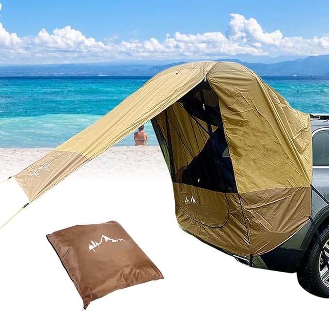Portable SUV Tent Car Awning Brown Camping Car Trunk Tent with Wind-Resistant Ropes and Hooks Large Space Compact Cllapsible for Outdoor Beach Camping Auto Canopy Shade