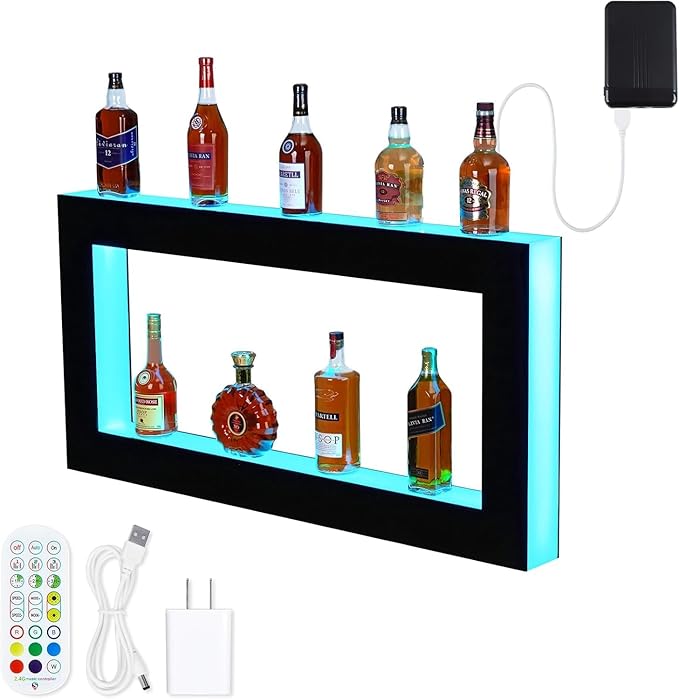 Elegant Wall-Mounted LED Wine Bottle Display Rack – 24-Inch Rectangular 2-Layer Acrylic with Dynamic Lighting Remote &amp App Control (Mobile Connectivity) Premium Quality Materials
