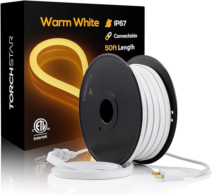 TORCHSTAR Premium 50ft LED Neon Rope Lights Easter &amp Spring Decoration Outdoor IP67 Waterproof 120V UL Plug ETL Listed Connectable Neon Light Strip for Shop Sign Max 3 Sets(150FT) Warm White