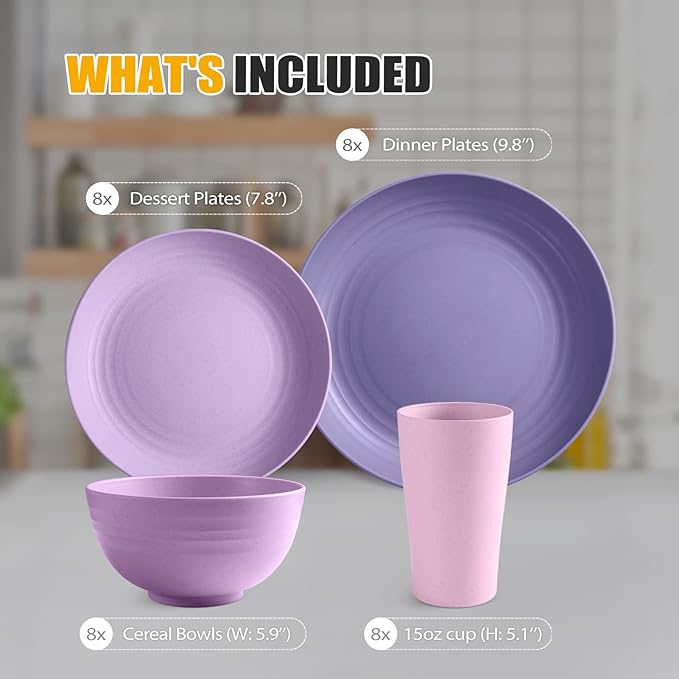 Teivio 32-Piece Kitchen Plastic Wheat Straw Dinnerware Set Service for 8 Dinner Plates Dessert Plate Cereal Bowls Cups Unbreakable Colorful Plastic Outdoor Camping Dishes Purple Ombre