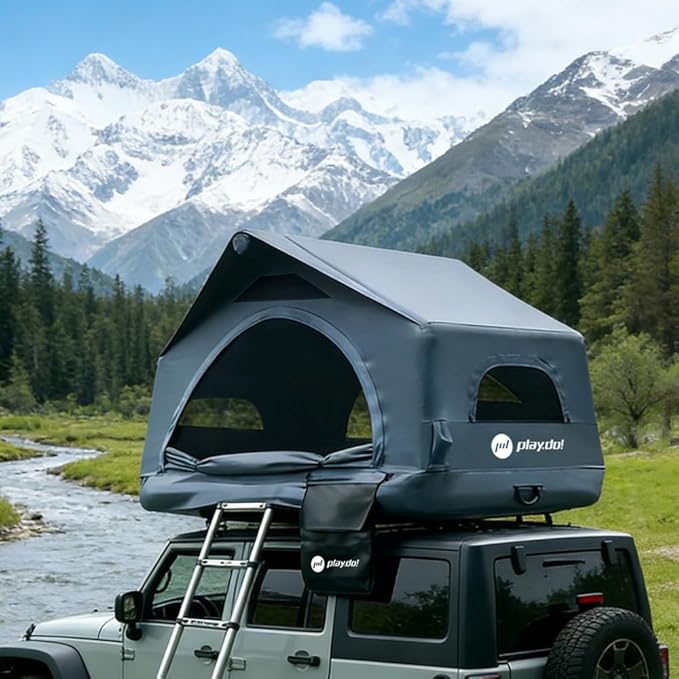 PlayDo Air Tents for Camping Rooftop Tent Easy Setup Inflatable Roof Tent Blow Up Car Top Tent for Pickup Truck SUV with Strip Light Ladder Air Mattress