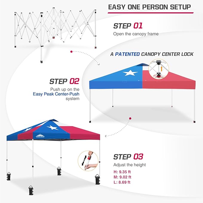 EAGLE PEAK Pop Up Canopy Tent with Wheeled Carry Bag 8 Stakes 4 Ropes 4 Weight Bags Easy Set Up Tent Canopy 10x10 ft 100sqft of Shade Texas