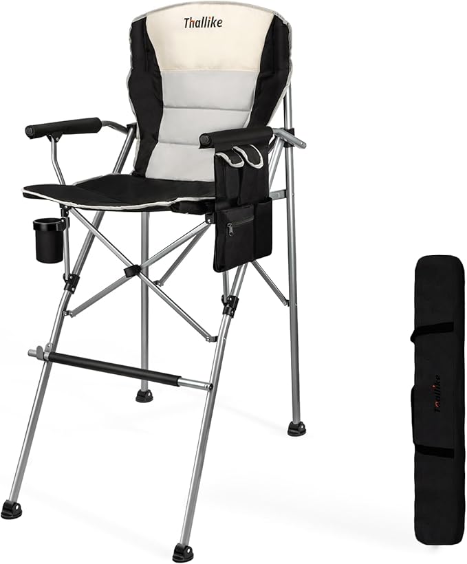Foldable Directors Makeup Salon High Chair - Portable Camping Bar Height Folding Photoshoot Chairs with Stroage Bag Cup Holder Non-Slip Footrest Supports 400 lbs Black Tall Director Chair