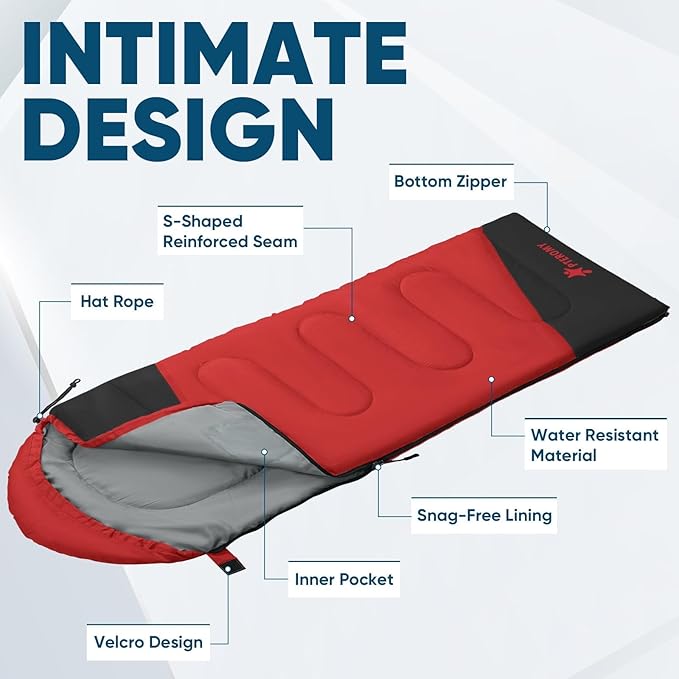 PTEROMY Sleeping Bags for Adults Lightweight and Machine Washable Water Resistant Backpacking Camping Sleeping Bag for Warm Cold Weather Camping Essentials for Hiking Travel
