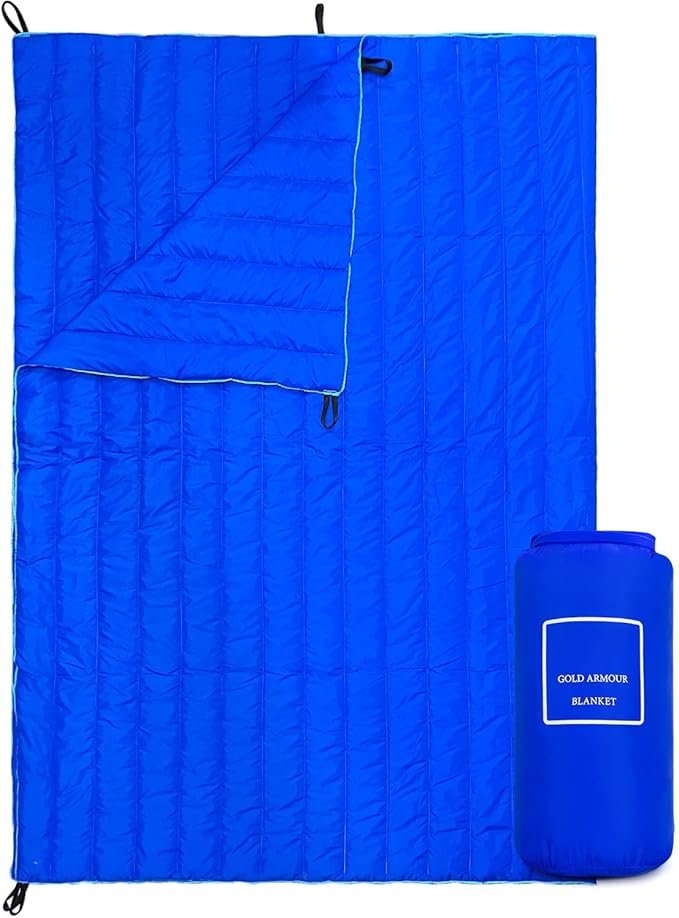 Gold Armour Camping Blanket - Puffy Packable Lightweight &amp Compact Insulated Camping Quilt for Outdoor - Backpacking Beach Stadium Camp Travel and Hiking Gear Essentials (Blue)