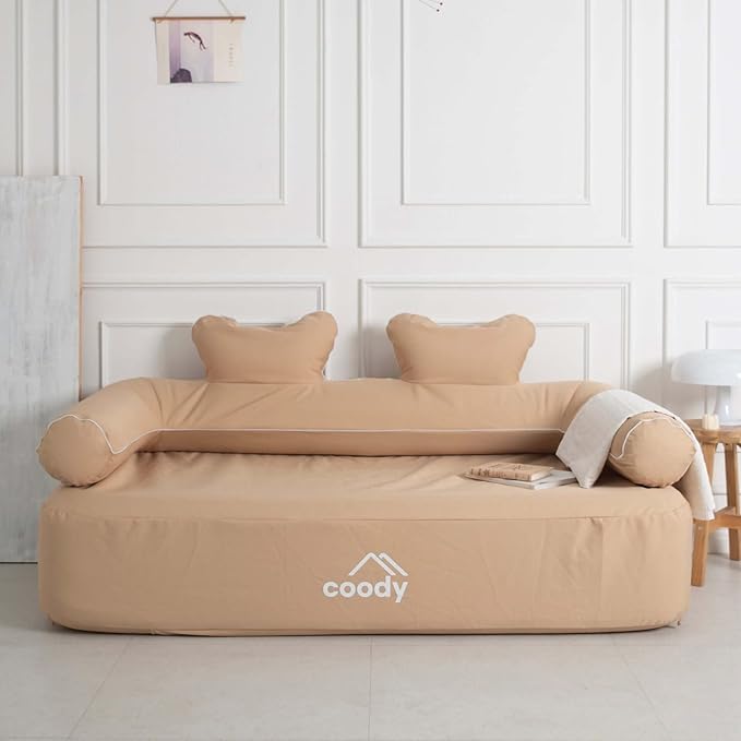 COODY Air Sofa Inflatable Couch for Home &amp Outdoor Blow Up Camping Sofa Built-in Pump Portable Folding Couch Glamping Inflatable Double Chair Movie Loveseat - 61x32x32 (Beige)