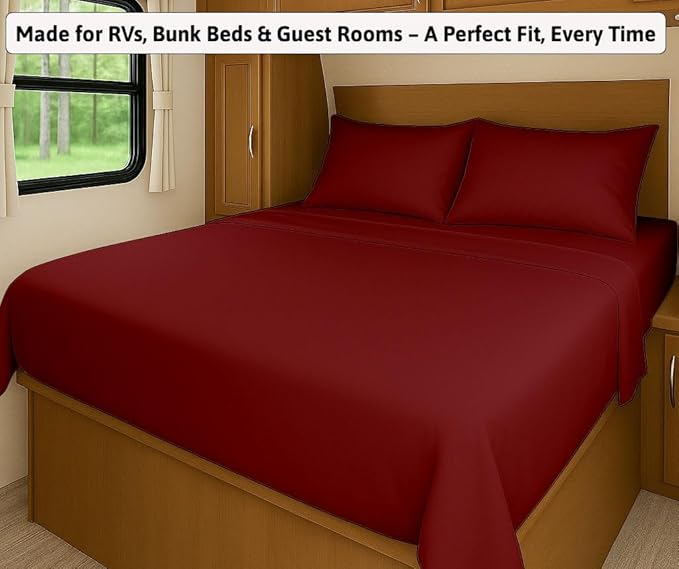 SlumberWell 4 Piece Luxury Soft Microfiber Fitted Bed Sheet Set for Campers RV 8 to 12 Inch Deep Pocket Olympic Queen 66 x 80 Burgundy