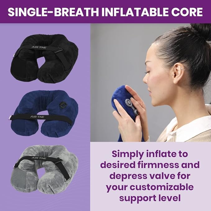 Cabeau Inflatable Travel Pillow – Air TNE – Adjustable Lightweight and Supportive for Sleeping on Airplanes Trains and Cars– Customized Fit and Compact Carrying Case (Midnight Black)