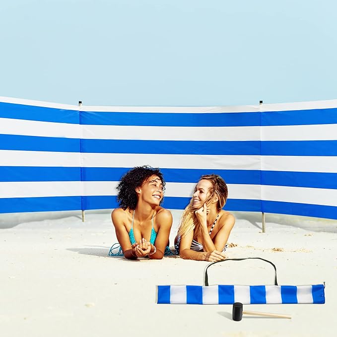 Beach Wind Screen 15.7ft Wind Blocker Beach Barrier Blue White Privacy Screen with Wooded Poles Mallet and Bag for Outdoor Summer Vacation