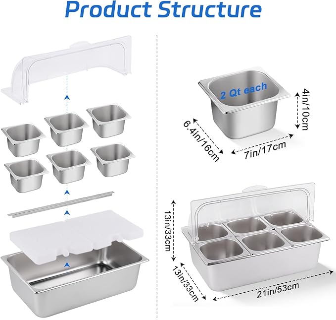 Cold Food Buffet Server 9.6Qt (6 Pans×1.6Qt) with Ice Packs for Salad Pizza Sauce Colded Serving Trays Condiments Containers for Parties Buffet