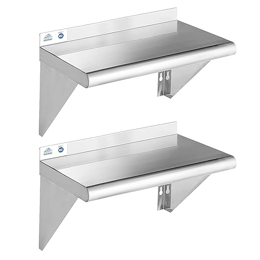 ROCKPOINT Stainless Steel Shelf 10 x 24 Inches 210lb 2 Pack NSF Metal Commercial Shelves Wall Mount Floating Shelving with Backsplash for Restaurant Kitchen Home and Hotel Silver