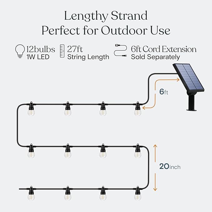 Brightech Ambience Pro 27 Ft Solar Powered Outdoor String Lights - Commercial Grade Waterproof Patio Lights Withn Edison Globes Shatterproof LED String Lights for Patio - 1W Warm White 12 Bulbs