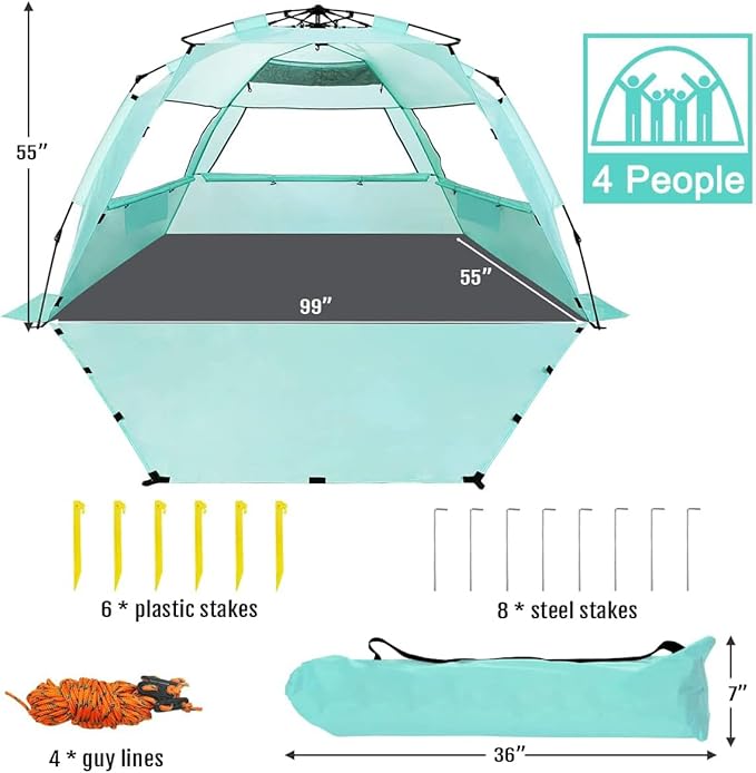 WhiteFang Deluxe Pop Up Beach Tent Sun Shade Shelter for 3-4/5-6 Person UV Protection Extendable Floor with 3 Ventilating Windows Plus Carrying Bag Stakes and Guy Lines