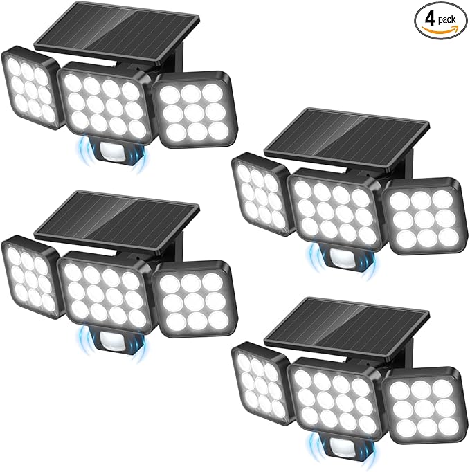 Solar Flood Light Outdoor 4 Pack 3500LM Super Bright Motion Sensor Outdoor Lights Solar Lights Outdoors Waterproof Upgrade Glass Panel 270° Wide Angle LED Security Spot Light for Outside Yard