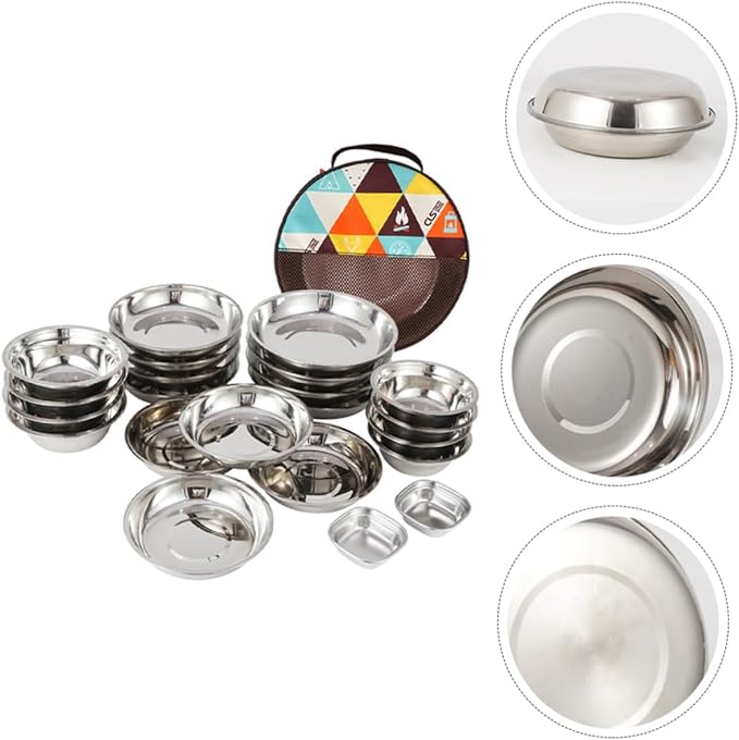 BESPORTBLE 1 Set Portable Stainless Steel Camping Dishes Complete Outdoor Dining Tools with Bowl Plate and Utensils for Travel Hiking and Picnics Includes Storage Bag for Easy Carrying