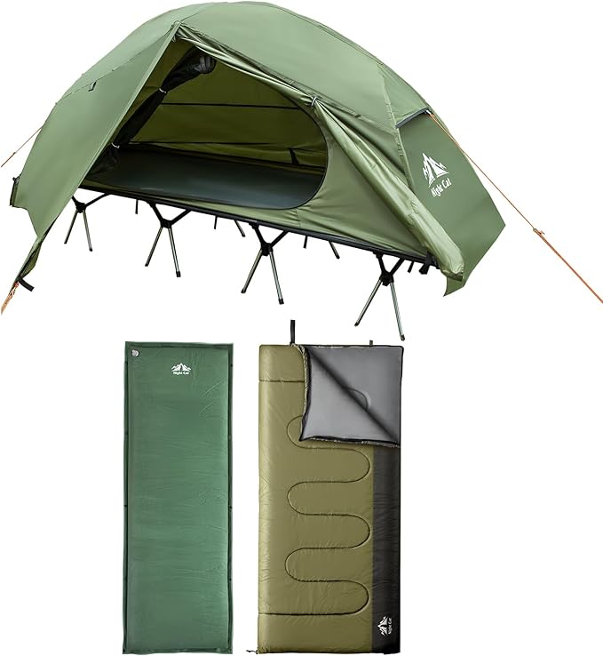 Night Cat Camping Cot Tent with Self-Inflating Sleeping Pad and Camping Sleeping Bag Waterproof 1-Person Off-Ground Combo Cot Bed for Adults Portable Easy Set-up Tent