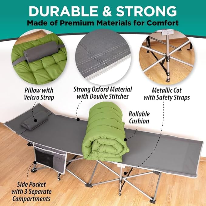 ZONETECH Folding Outdoor Camping Travel Cot and Cot Pad - Premium Quality Lightweight Portable Heavy Duty Adult &amp Kids Travel with Large Pocket and Cushion