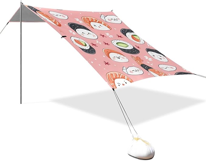 Sushi Pattern Pink Beach Tent Sun Shelter 9.2' x 10.5' Beach Canopy with 4 Sandbags 4 Stability Poles Sand Shovels - Tent Canopy for Beach Camping Fishing Picnics